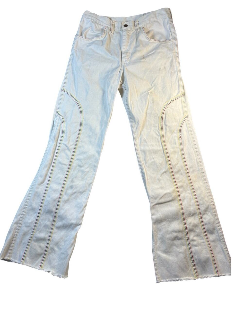 Vintage 70s Cheap Jeans Retro Disco Western Pants Rainbow Stitching 28x28 White